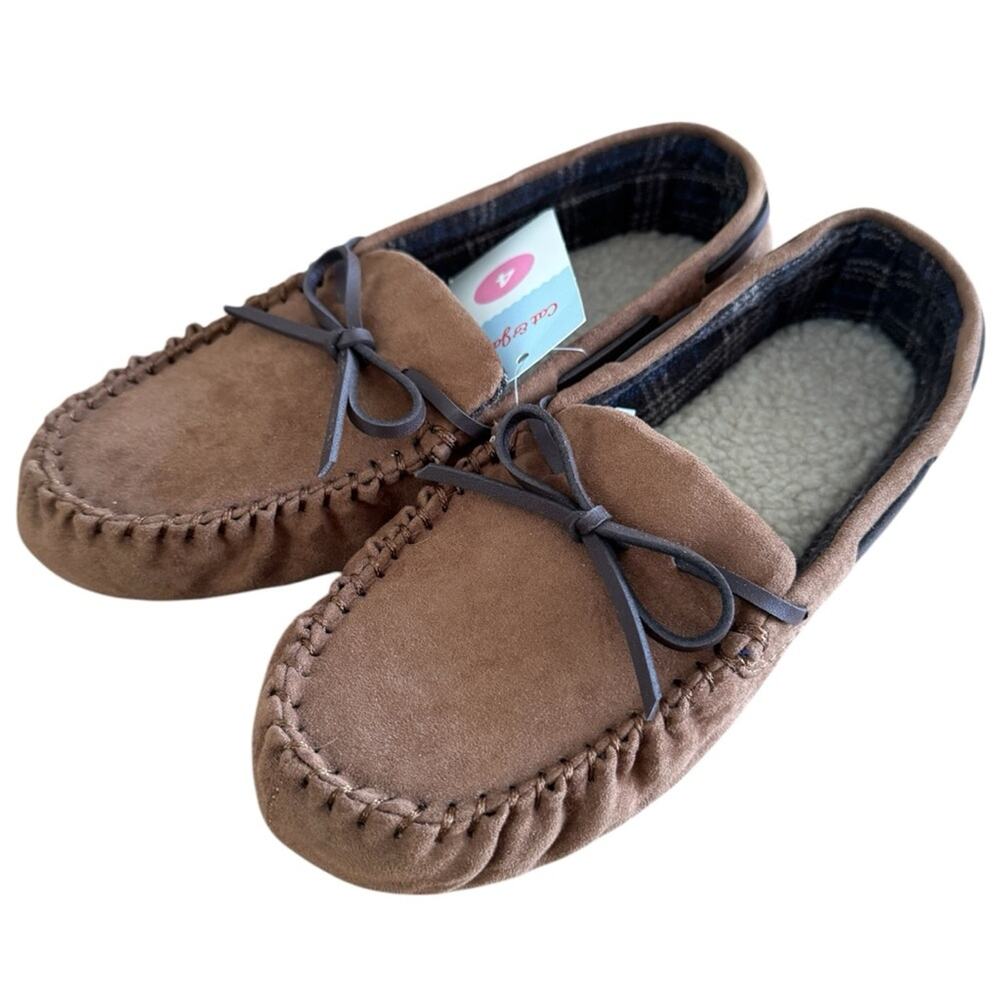 Cat & Jack Slippers Boys Size 4 Chestnut Brown Loafer Slip-on Sherpa Faux Fur